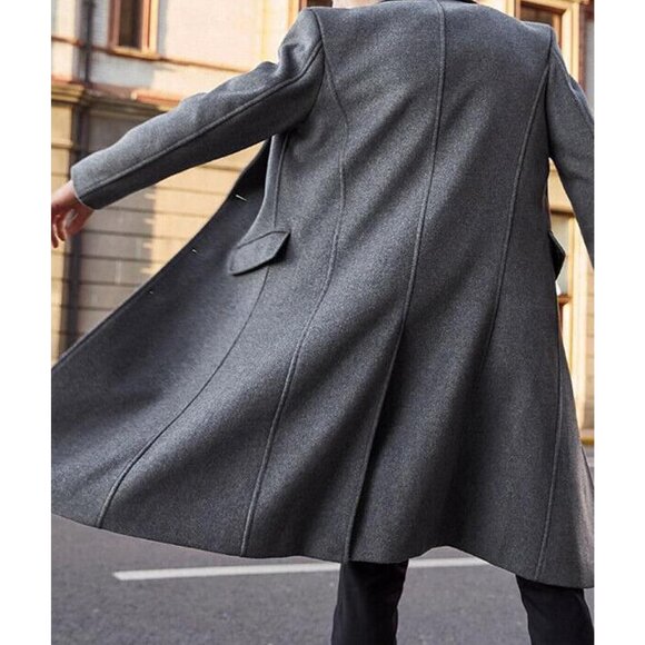 Men's Grey Slim Fit Casual Trench Coat Notched Collar Pea Coat with Pockets - Picture 4 of 6